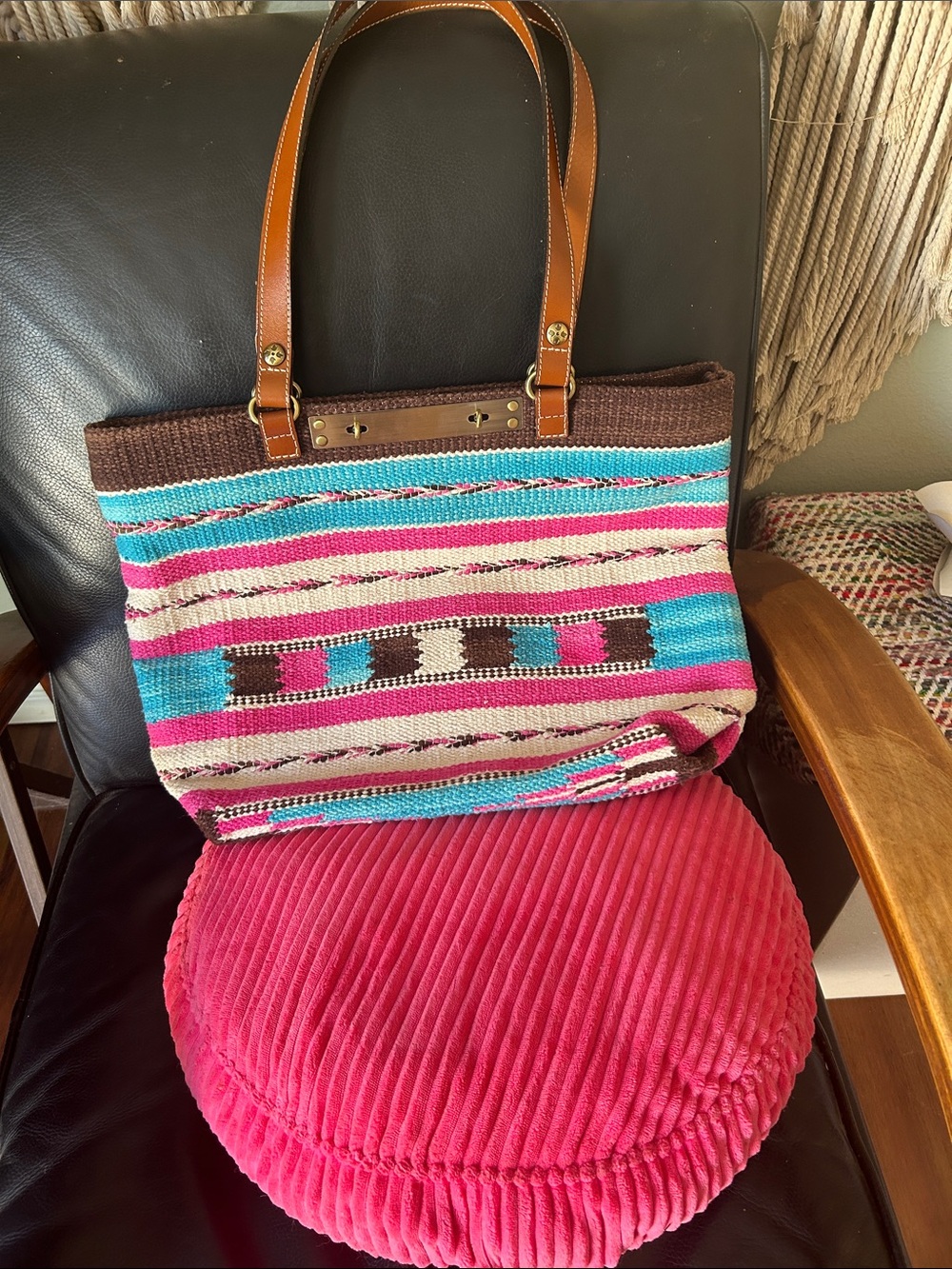 Patricia Nash Woven Stripe Tote in Pink, Turquoise and Brown